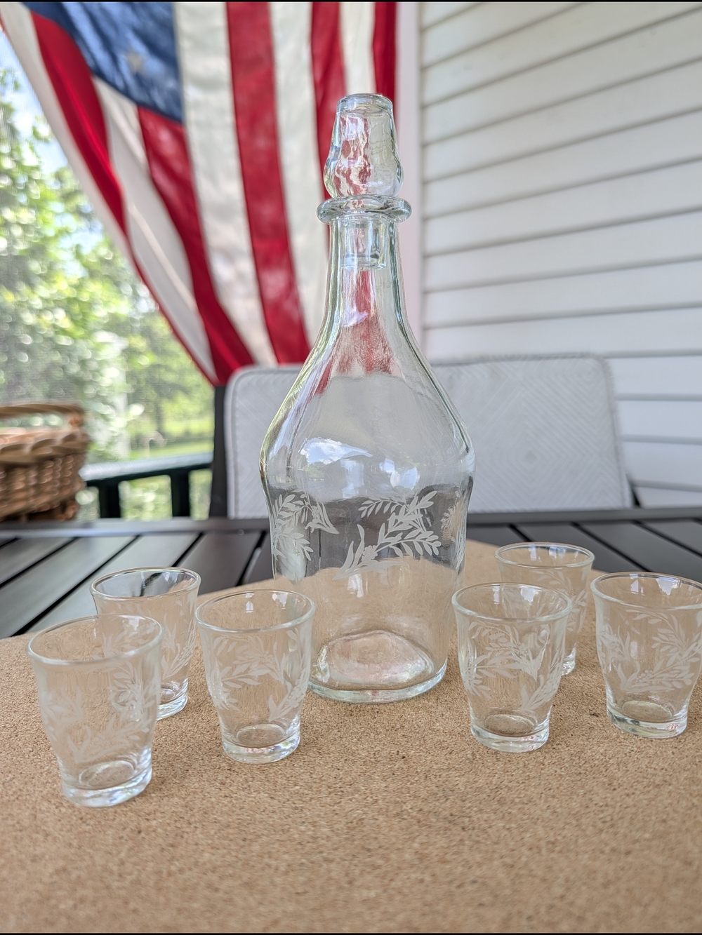 Vintage Italian Etched Glass Decanter With 6 Shot Glass Set